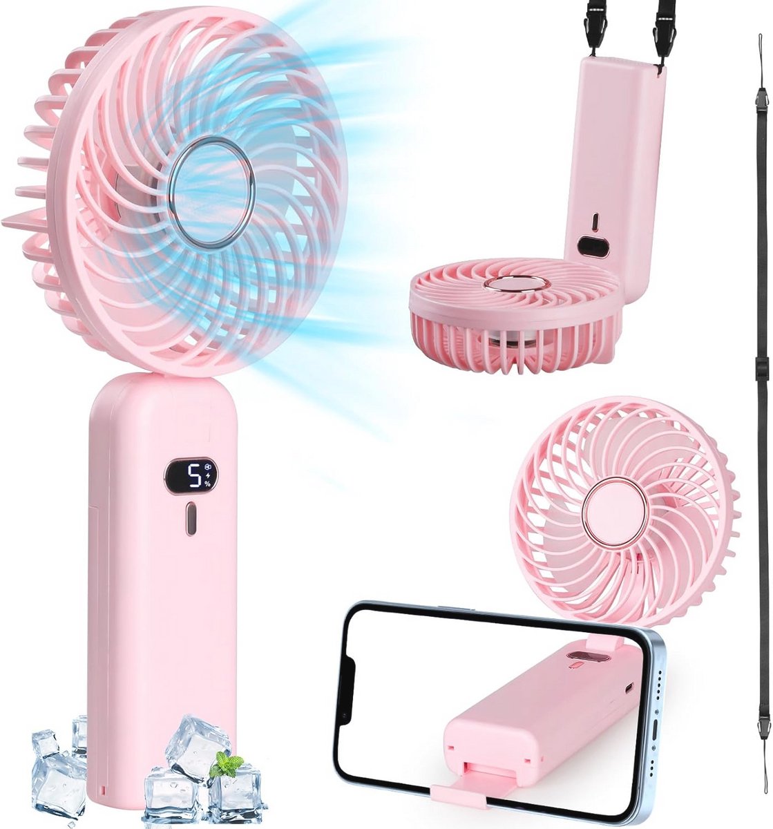 Draagbare Mini Ventilator met 5 Snelheden en LED Display - Inklapbare USB Ventilator voor Reizen, Camping en Kantoor