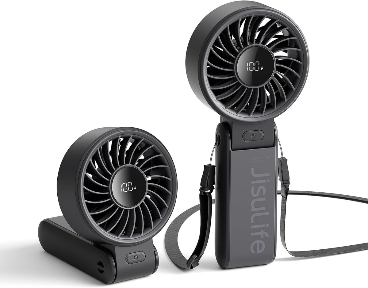 Krachtige Handventilator met LED Display - 3-in-1 Mini Ventilator voor Bureau, Hals en Hand - Tot 19,5 Uur Accuduur