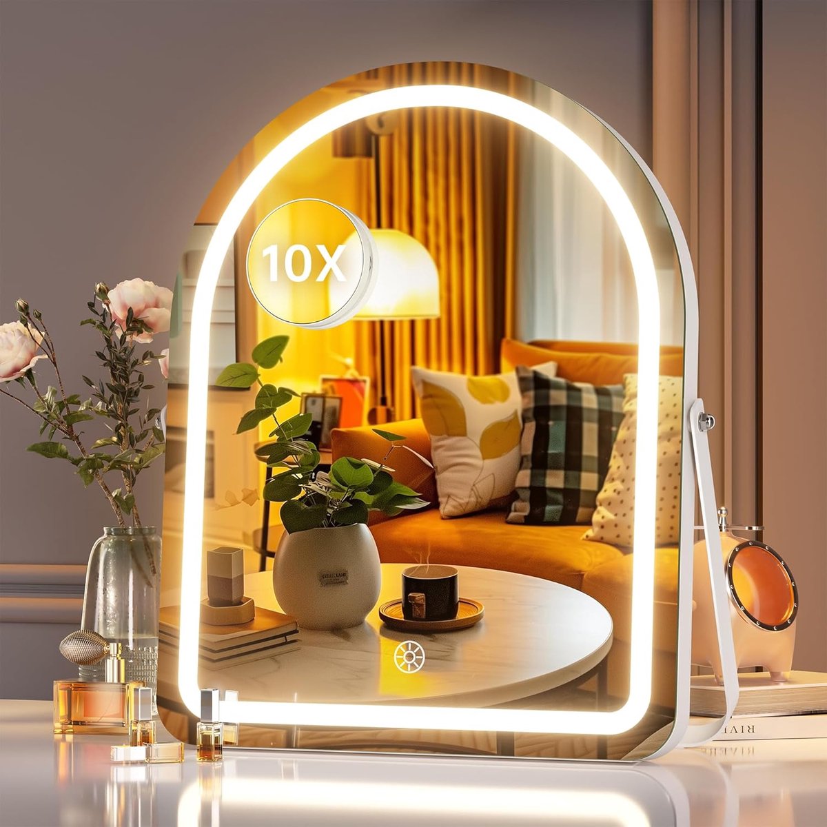 Verlichte Make-upspiegel met Dimbare LED, 35,6 x 35,6 cm, Slimme Aanraakbediening, 360 Graden Draaibaar
