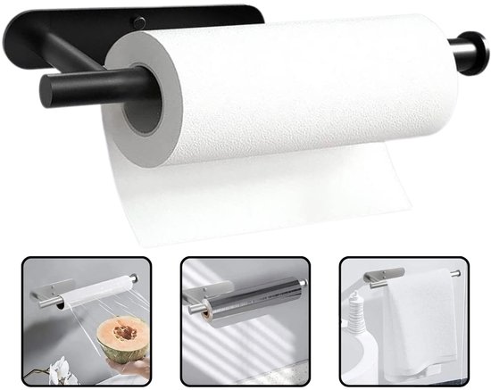 Porte-rouleau de papier essuie-tout autocollant en acier inoxydable, fixation Cuisine , Zwart