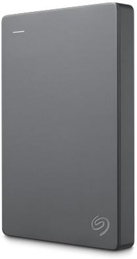 Grijze Seagate Basic 1TB externe harde schijf, staand op witte achtergrond.