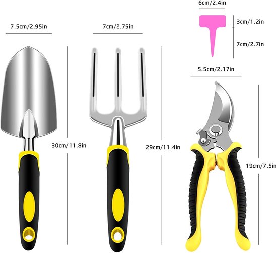 Tuingereedschapsset, 3-delige tuingereedschapsset, tuingereedschapsset voor mannen en vrouwen, met tuinschaar, schep, vork, 10 plastic plantenmarkeerders — afbeelding 2
