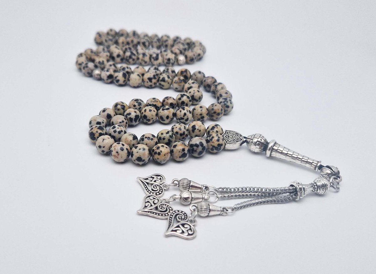 Handgemaakte tesbih "Tasbih" natuursteen " Jasper Dalmatin" - Aantal kralen 99 - Diameter kralen 8MM - met metaal tassel "Harten" - Een mooi cadeau-idee