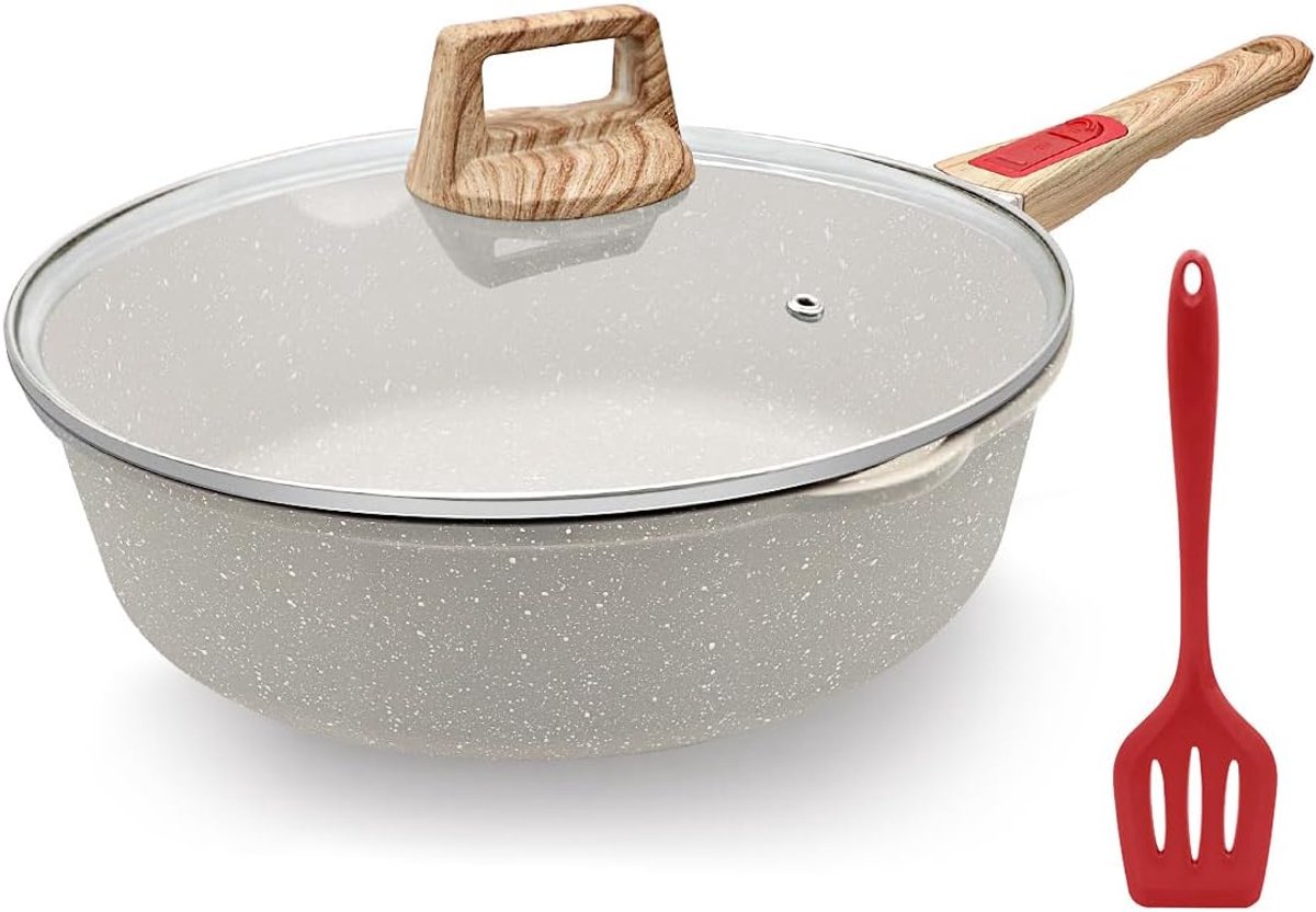 Anti-aanbakpan 28 cm - Braadpan met deksel - 4.3L - Afneembare handgreep - Geschikt voor alle warmtebronnen - Oven- en vaatwasmachinebestendig - Wit.