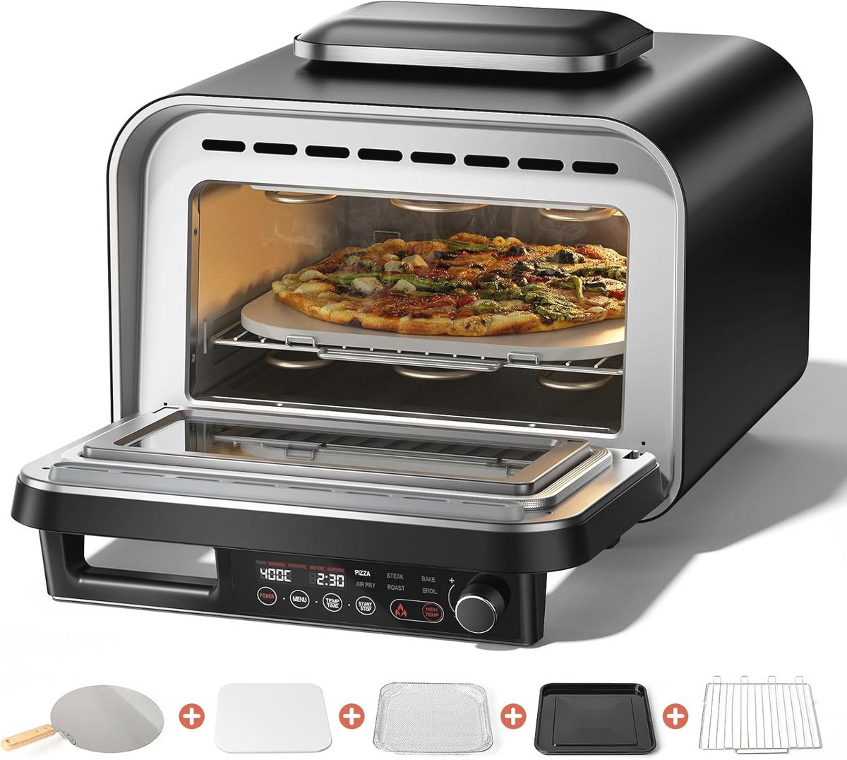 Multifunctionele Elektrische Pizzaoven tot 400 °C - 6-in-1 met Pizzasteen en Accessoires