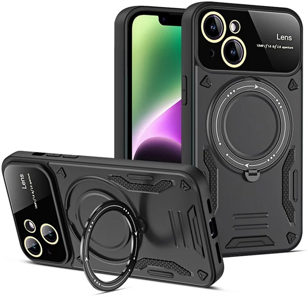 Cityhoesje - iPhone 15 Plus - Magnetic - Ring Holder Kickstand - Protective – Backcase - Zwart