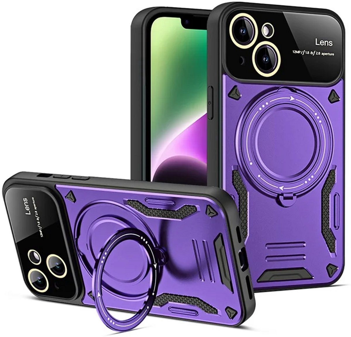 Cityhoesje - iPhone 15 Plus - Magnetic - Ring Holder Kickstand - Protective – Backcase - Paars