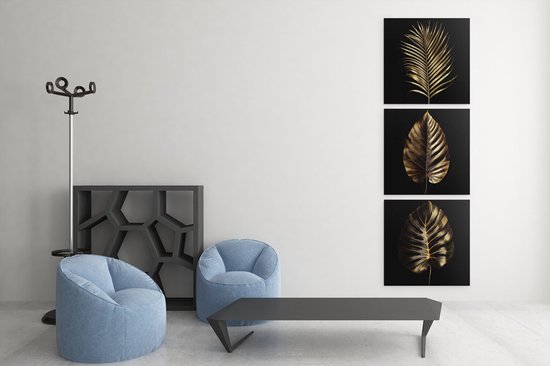 Triptyque Feuilles Dorées – Peinture sur Toile – Décoration murale Élégante – Art Moderne 3 Pièces – Intérieur de Luxe – 3x40x40 cm