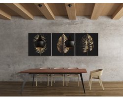 Gouden Bladeren Drieluik – Canvas Schilderij – Elegante Wanddecoratie – Moderne 3-Delige Kunst – Luxe Interieur - 3x30x30 cm