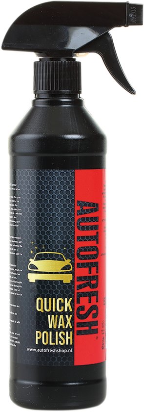 Zwarte spuitfles 'AUTOFRESH QUICK WAX POLISH' met geel gele autoblad.