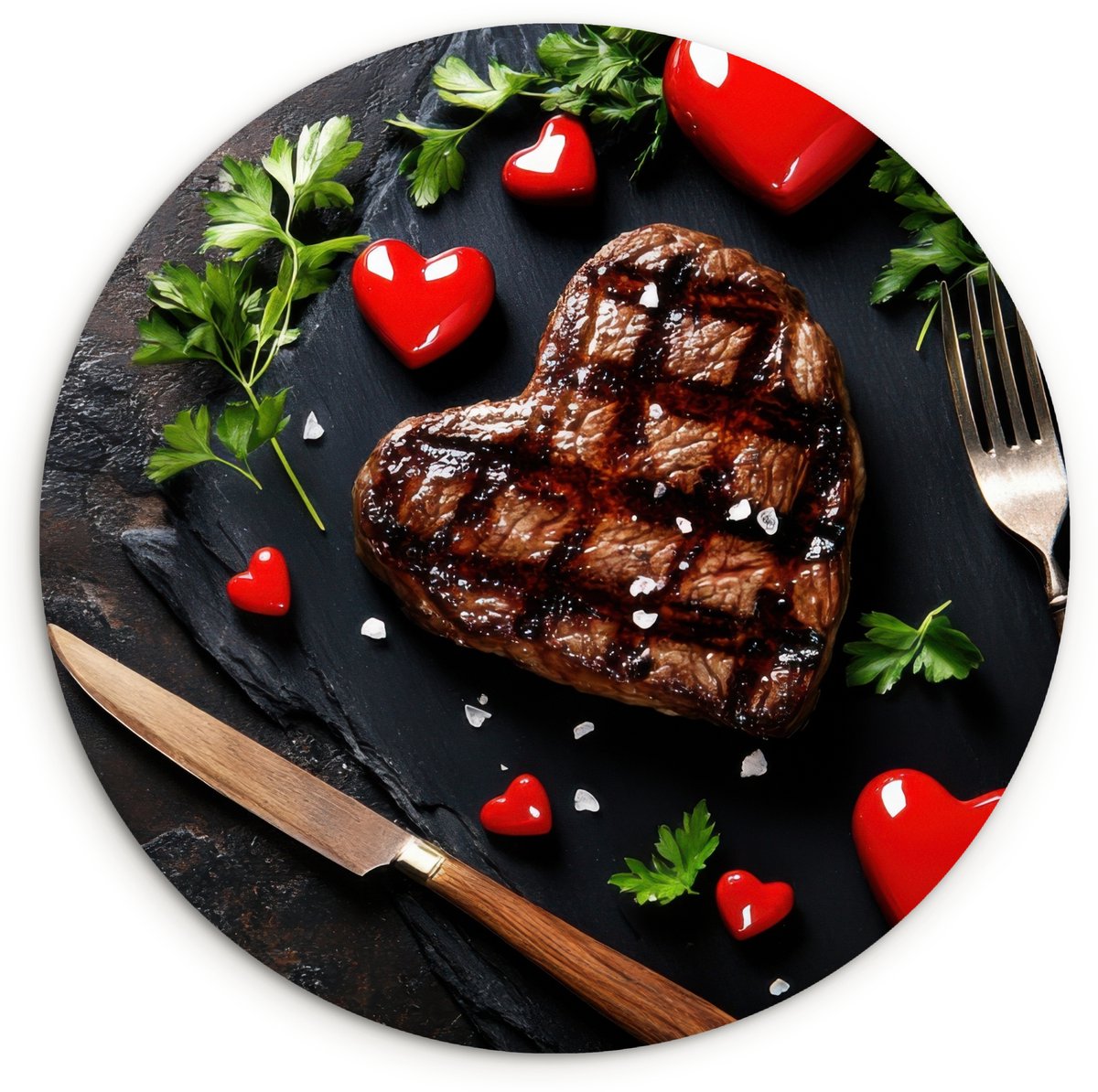 WallCircle Wandcirkel 90x90 cm - Muurcirkel Steak - Hart - Bestek - Muurdecoratie woonkamer - Wanddecoratie keuken - Kamer decoratie accessoires - Ronde schilderijen