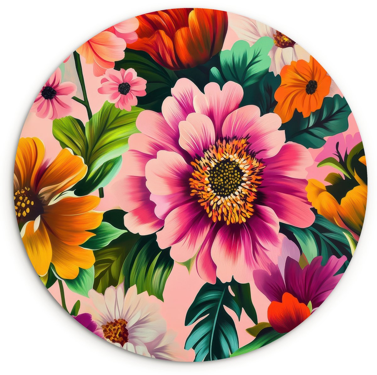 WallCircle Wandcirkel 90x90 cm - Muurcirkel Bloemen - Kleurrijk - Roze - Muurdecoratie woonkamer - Wanddecoratie slaapkamer - Kamer decoratie accessoires - Ronde schilderijen