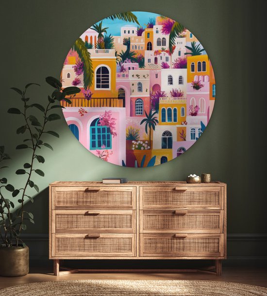 WallCircle® Cercle Mural 120x120 cm - Cercle Mural Coloré - Rose - Oranje - Jaune - Fleurs - Décoration murale salon - Décoration murale chambre - Accessoires de décoration de chambre - Tableaux ronds XXL
