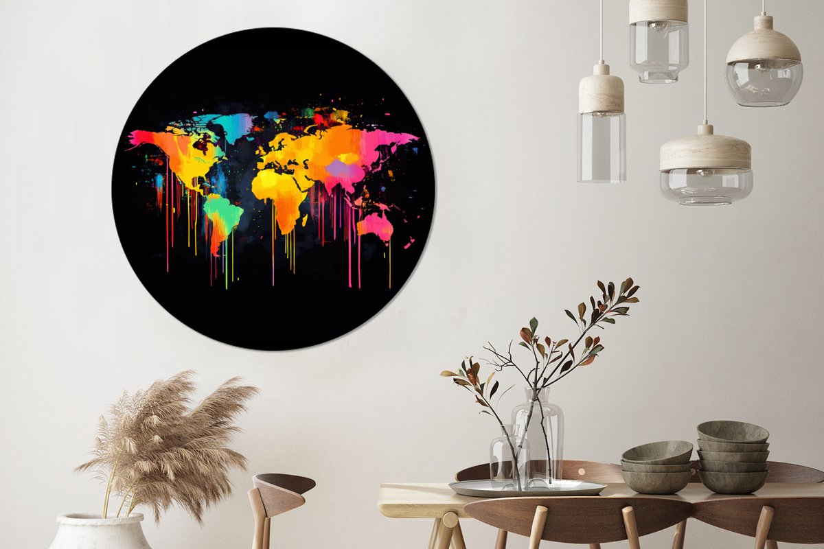 WallCircle - Wandcirkel - Muurcirkel - Wereldkaart - Verf - Kleurrijk - Graffiti - Wereld - Aluminium - Dibond - 140x140 cm - Binnen en Buiten