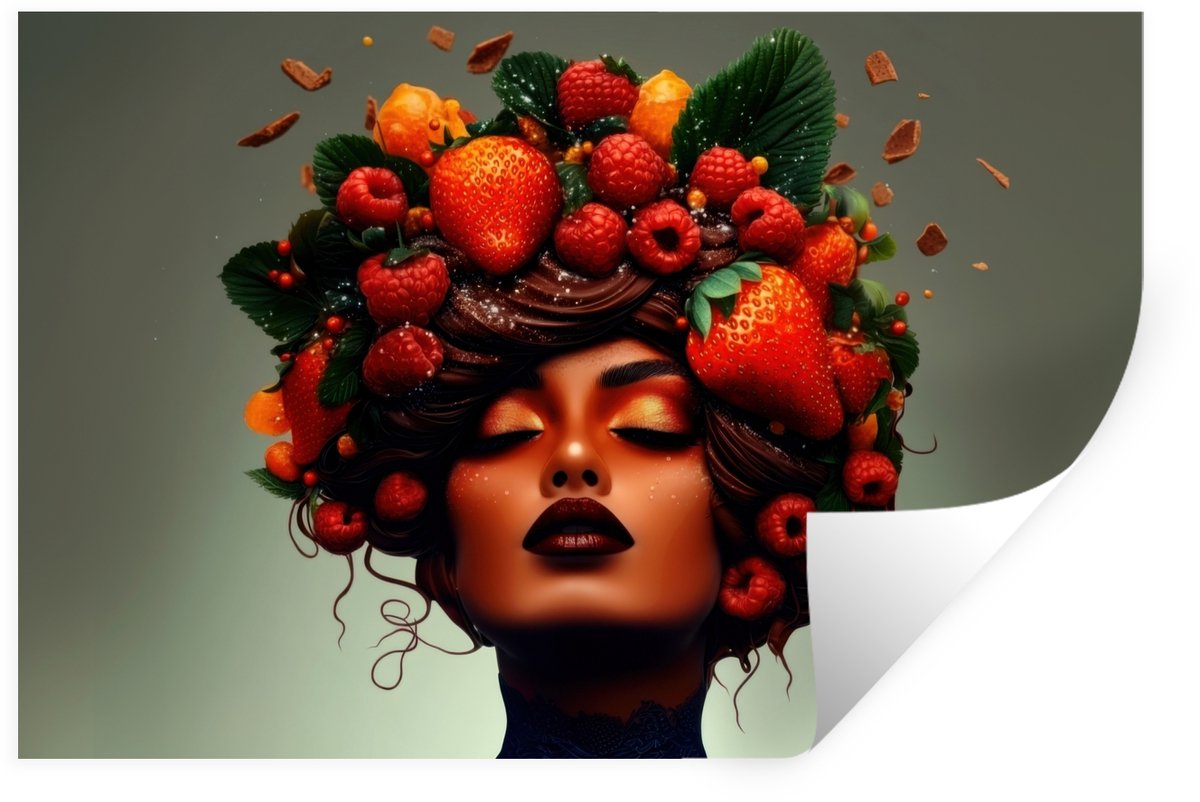 Muurstickers - Sticker Folie - Vrouw - Chocolade - Frambozen - Aardbeien - Koekjes - 90x60