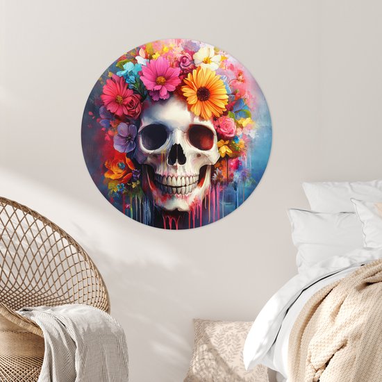 WallCircle® - Behangcirkel 100x100 cm - Muurstickers Schedel - Bloemen - Doodshoofd - Kleurrijk - Muurcirkel woonkamer - Wandcirkel slaapkamer - Kamer decoratie zelfklevend - Muurdecoratie accessoires XXL