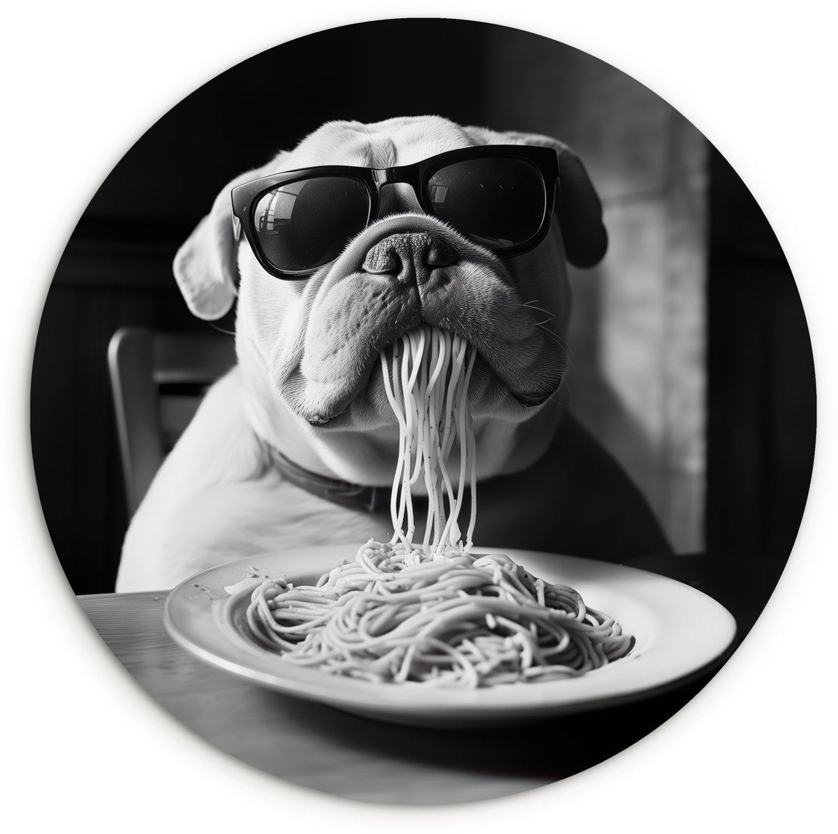 WallCircle Wandcirkel 150x150 cm - Muurcirkel Hond - Bulldog - Pasta - Bril - Stoer - Dieren - Muurdecoratie woonkamer - Wanddecoratie slaapkamer - Kamer decoratie accessoires - Ronde schilderijen