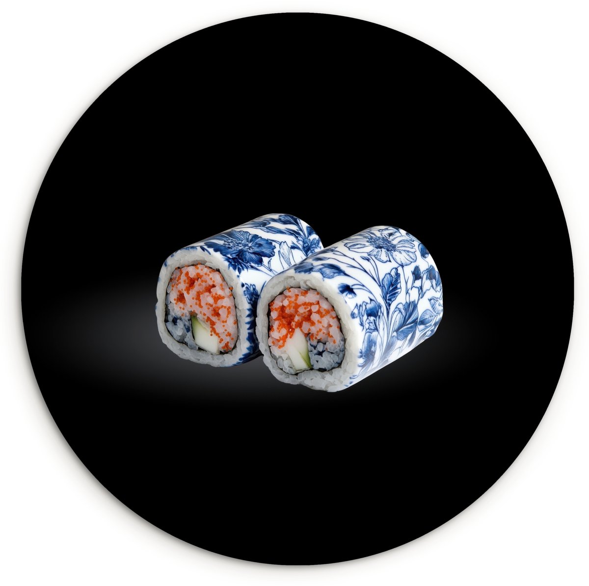 WallCircle Wandcirkel 120x120 cm - Muurcirkel Sushi - Delfts blauw - Rijst - Vis - Elegant - Muurdecoratie woonkamer - Wanddecoratie slaapkamer - Kamer decoratie accessoires - Ronde schilderijen Sushi - Delftsblauw