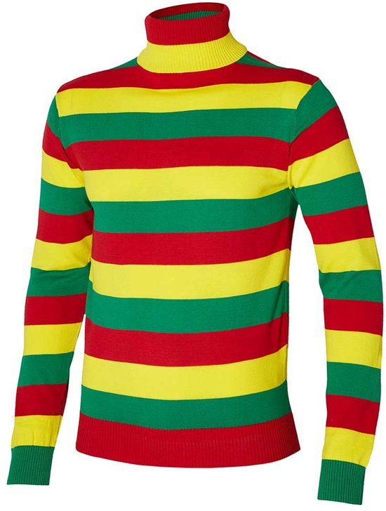 Unisex coltrui met brede horizontale strepen in rood, geel en groen. De trui heeft lange mouwen en een rode boord aan de onderkant en mouwen.