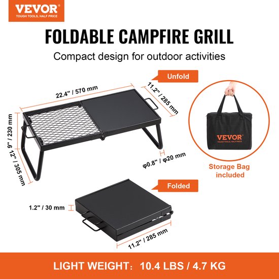 VEVOR BBQ Gills Houtskoolgrill Opvouwbare Grill Tafelgrill 570 X 285 X 230 Mm, 6 Kg Belastbare Draagbare Reisgrill Outdoor Campinggrill 300 ℃, Grillrooster + Grillplaat voor Tuinfeesten, Picknicks, Terras van Merkloos — afbeelding 5