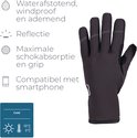 Zwarte fietshandschoen met witte stiksels en een '3' logo. Iconen en tekst beschrijven: waterafstotend, reflectie, schokabsorptie, smartphone compatibel en temperatuur.