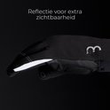 Zwarte fietshandschoen met witte reflecterende streep en een '3' logo. Tekst: 'Reflectie voor extra zichtbaarheid'.