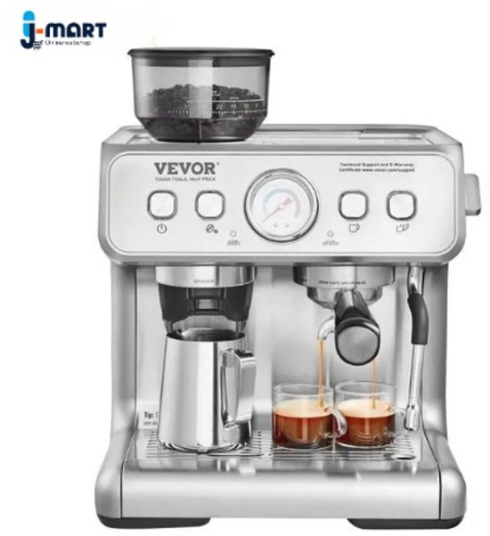 J-Mart Espressomachine met Grinder – Semi Automatische Espresso Machine – Met Melkopschuimer Stoomstaaf – 34.8 x 34.3 x 41.2 cm