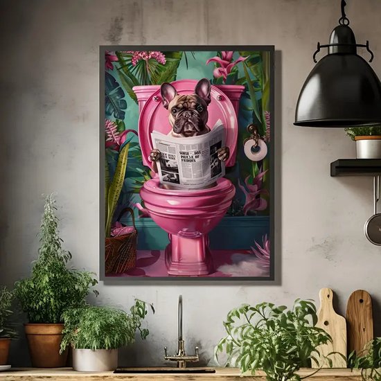 Canvas poster - Hond op het toilet - muurposter - binnenposter - Dierenposter- muur poster - Kado - Zonder lijst - Posters - Vintage posters - Franse Bulldog - Trendy
