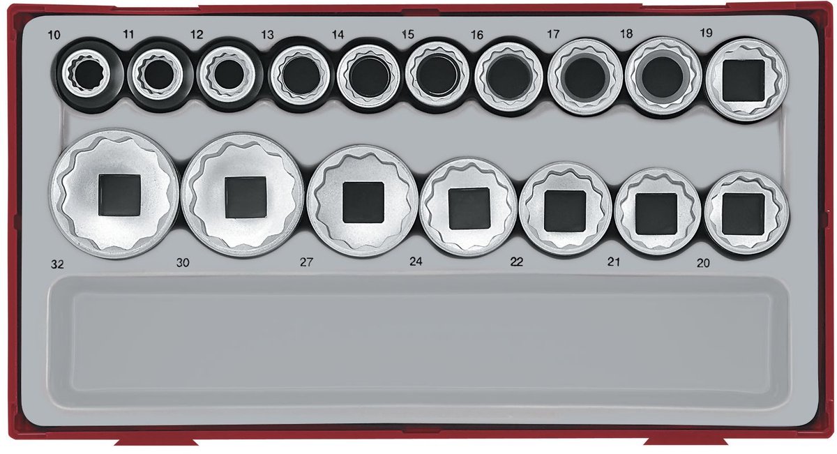 Doppenset TT1 tray 1/2 10-32mm 17 delig 12 kant Teng Tools TT1217