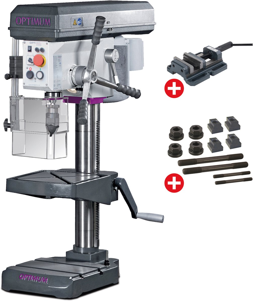 Tafelboormachine boren tot ø 24 mm MK2 850W 230V 7 snelheden + boorklem + set spanbouten Optidrill B24H PACK 230V