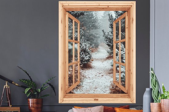 Stickers muraux - Feuille autocollante - Forêt - Hiver - Arbres - Nature - Chemin - Vue - 120x160 cm - Film adhésif - Stickers muraux chambre d'enfant - Papier peint autocollant XXL - Papier peint autocollant - Feuille autocollante