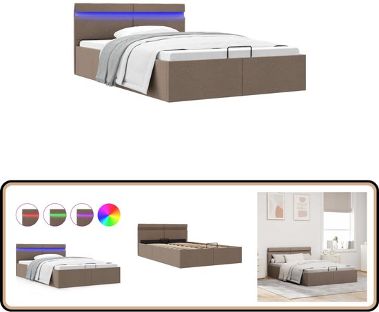 vidaXL Cadre de lit avec rangement et LED 120x200cm Lit hydraulique - Cadre de lit - Couleur taupe - Siècle des Lumières LED - Rangement