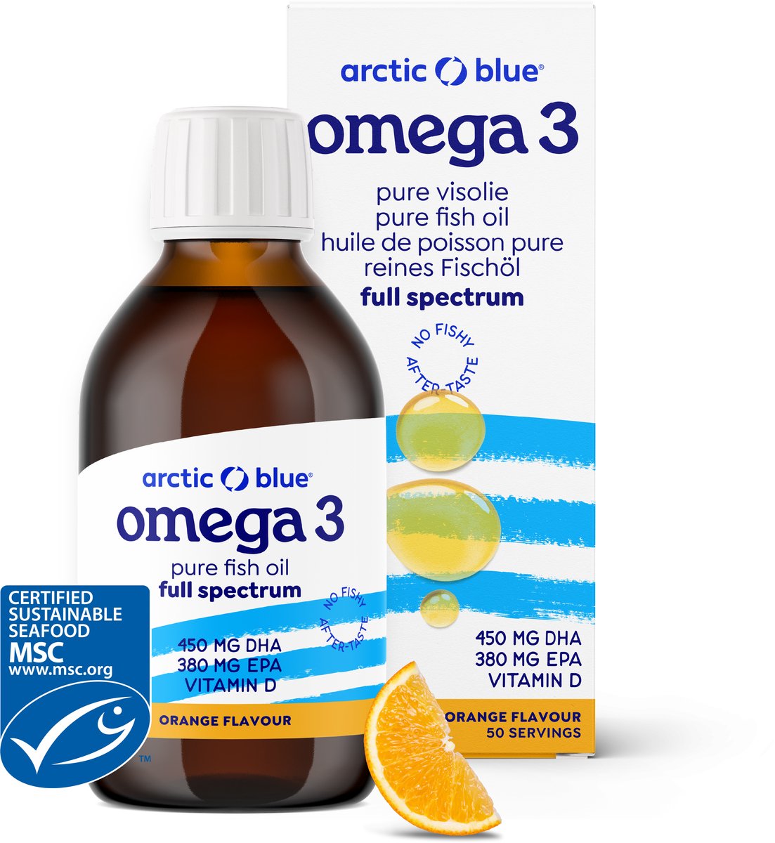Goedkoopste Arctic Blue - Omega 3 Visolie - 450 mg DHA 380 mg EPA - Met Vit D - Sinaasappelsmaak - 50 doseringen - MSC Keurmerk