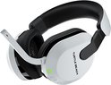 Witte Turtle Beach gaming headset met zwart accent, microfoon en groene power-indicator.