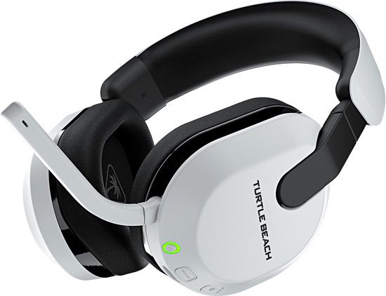 Witte Turtle Beach gaming headset met zwart accent, microfoon en groene power-indicator.