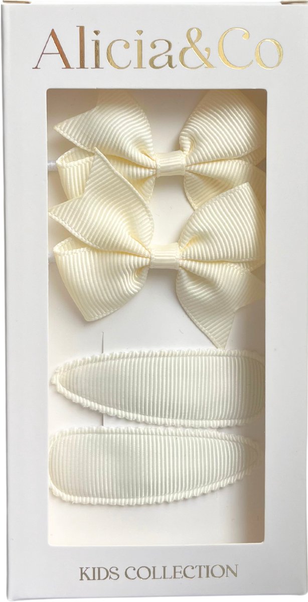 Alicia&Co - Classic Bow Set - Cloud White - Set van 2 haarclips en 2 haarelastiekjes - cadeau - kraamcadeau - haarelastiekjes zonder metaal - haarspelden & clips - haarelastiekjes baby - haarelastiekjes kind - haarspeldjes kind - haarspeldjes baby