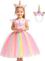 Joya Kids® Roze Eenhoorn Verkleed Jurk | Unicorn Jurk kostuum | Prinsessen jurk verkleedjurk + Haarband | Maat 104-110 (110) | Sinterklaas kado cadeau meisje