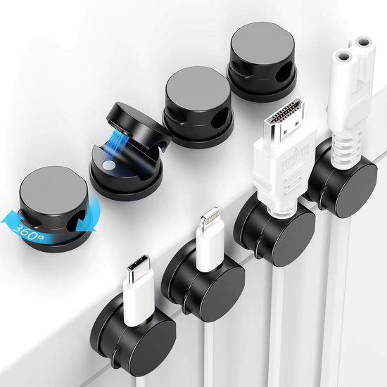 CableMate® Roterende Magnetische Kabel Houder 6 stuks – Zwart – Zelfklevend – Kabelclips – Bureau Organizer – Kabel organizer