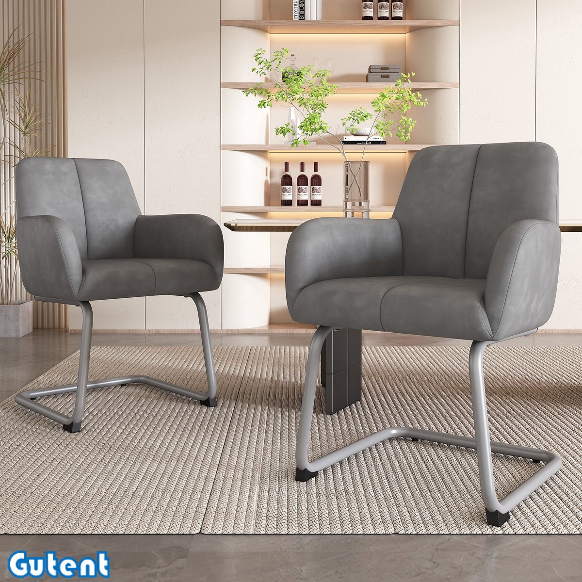 Gutent Eetkamerstoel-Set van 2-Moderne Minimalist-gebogen stalen poten-Grijs