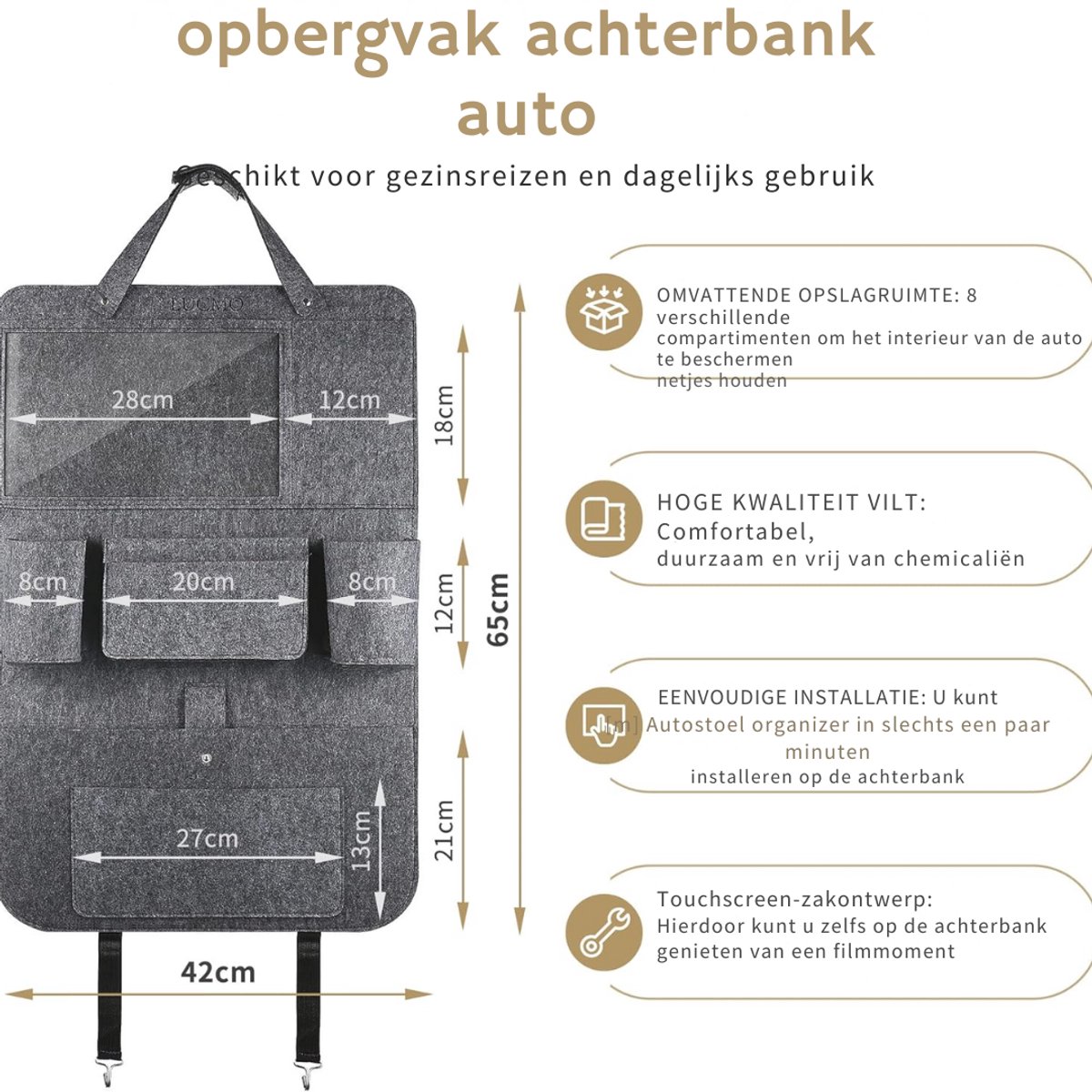 Rugleuningbescherming autostoelorganizer achterbank-organizer - tablet/telefoonopslag - waterdicht - multifunctioneel - autoopbergtas - veel zakken - html content nodig Auto organizer – foto 3