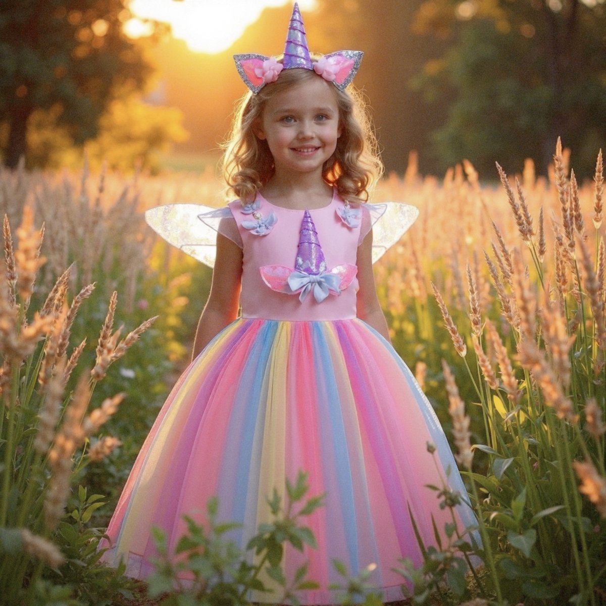 Joya Kids® Roze Eenhoorn Verkleed Jurk | Unicorn Jurk kostuum | Prinsessen jurk verkleedjurk + Haarband | Maat 146-152 (150) | Cadeau meisje — afbeelding 6