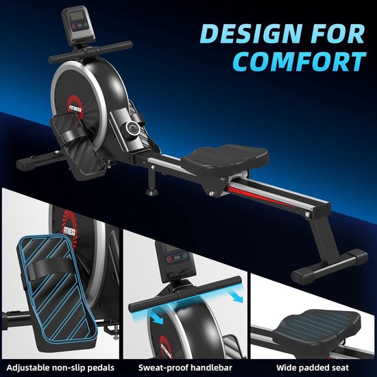 Roeimachine met een comfortabel ontwerp, waaronder verstelbare antislip pedalen, een zweetbestendig handvat en een brede zitting.