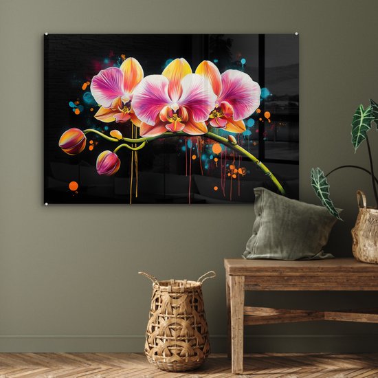 MuchoWow® Tableau sur verre 120x80 cm - Tableau sur verre acrylique - Orchidée - Graffiti - Coloré - Fleurs - Abstrait - Photo sur verre - Décoration murale salon - Décoration murale chambre - Peintures