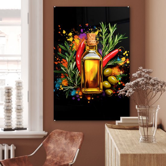 MuchoWow® Glasschilderij 80x120 cm - Schilderij acrylglas - Olijfolie - Graffiti - Peper - Olijven - Modern - Foto op glas - Muurdecoratie woonkamer - Wanddecoratie slaapkamer - Schilderijen