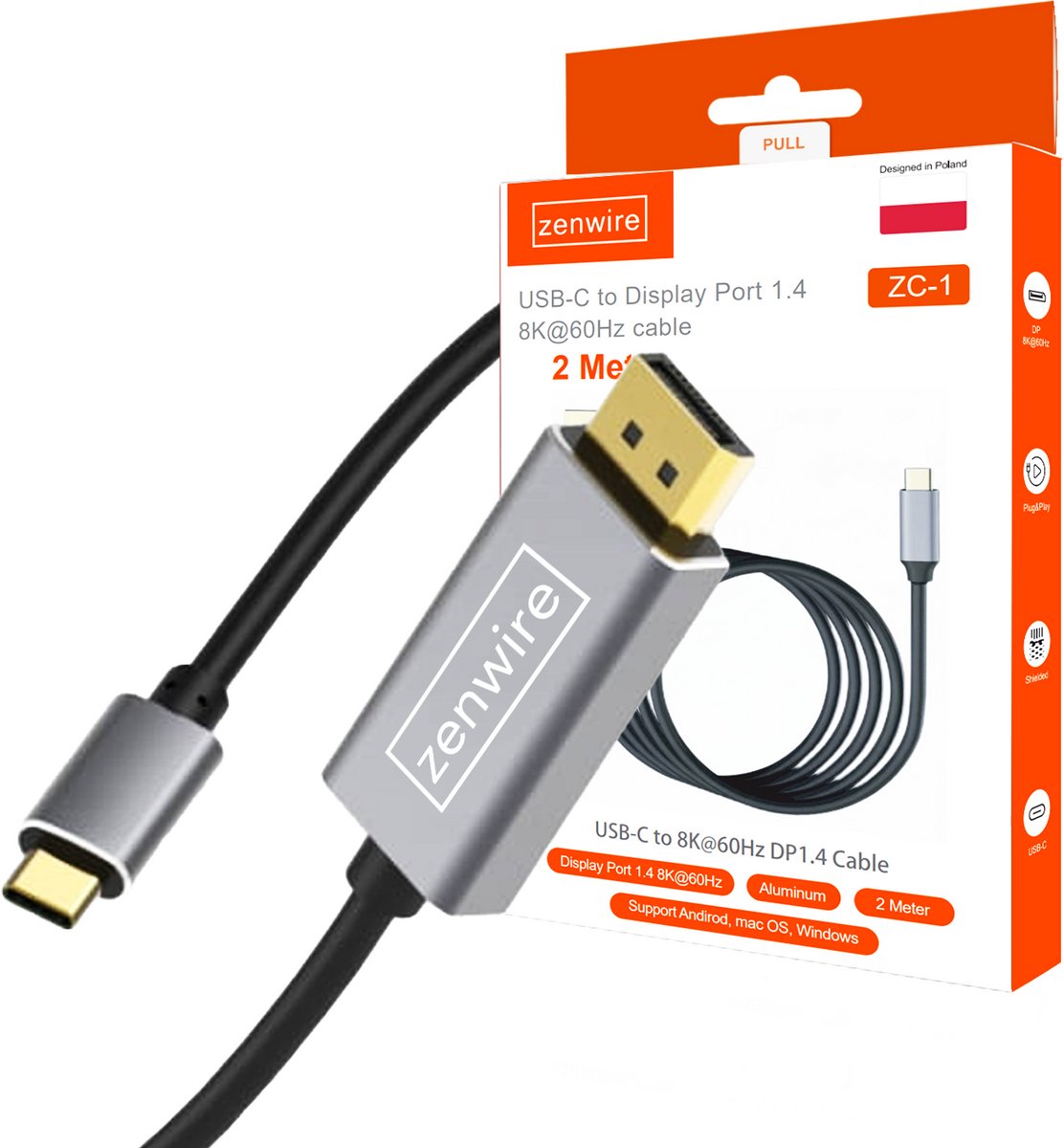 Zenwire ZC-1 Kabel - 2m - USB-C 3.1 - Thunderbolt 3.0 naar DisplayPort - converter kabel met 8K ondersteuning - Mirror Mode - Extended Mode - Plug & Play - Brede compatibiliteit