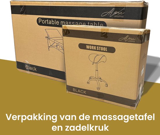 Alora Massagetafel Relax Budget + Alora zadelkruk - Tabouret – Zwart/Chrome - kruk – Kapperskruk - Max. Draagvermogen 250 KG - 8 Hoogtestanden - Incl. Opbergtas - massage bed