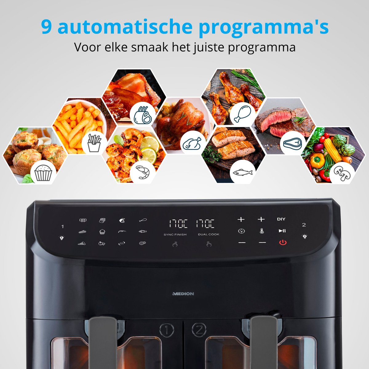 Afbeelding 2 van MEDION P20 XXL Dubbele Airfryer (8,7 liter, 2.600 watt, heteluchtfriteuse met 2 kamers, kijkvenster, 9 automatische programma's, 2 lades, Dual Airfryer, Dual Cook & Sync finish functie) zwart