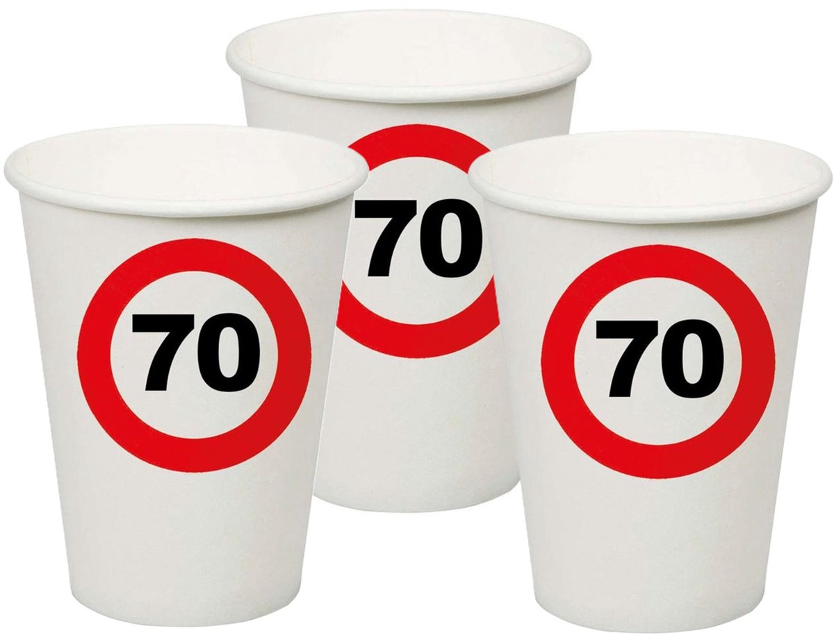 Verjaardagsfeest leeftijd bekertjes 70 jaar - 32x stuks - papier - thema leeftijd stopbord