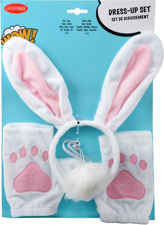 Goodmark konijnenkostuumset in verpakking, maat 4-6 jaar. Bevat witte oren met roze binnenkant, polsverwarmers met roze pootafdrukken en een witte pomponstaart.