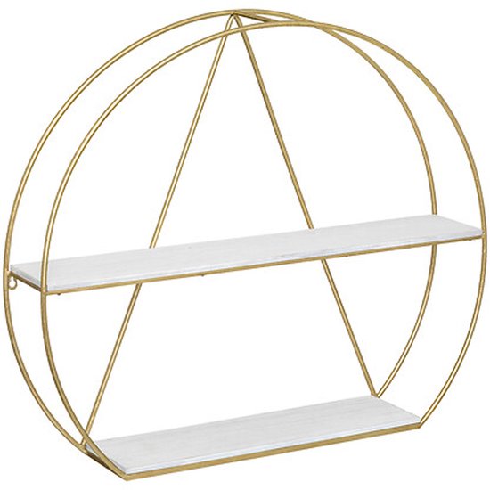 Gouden wandrek met een cirkelmontuur en twee witte, houten planken.